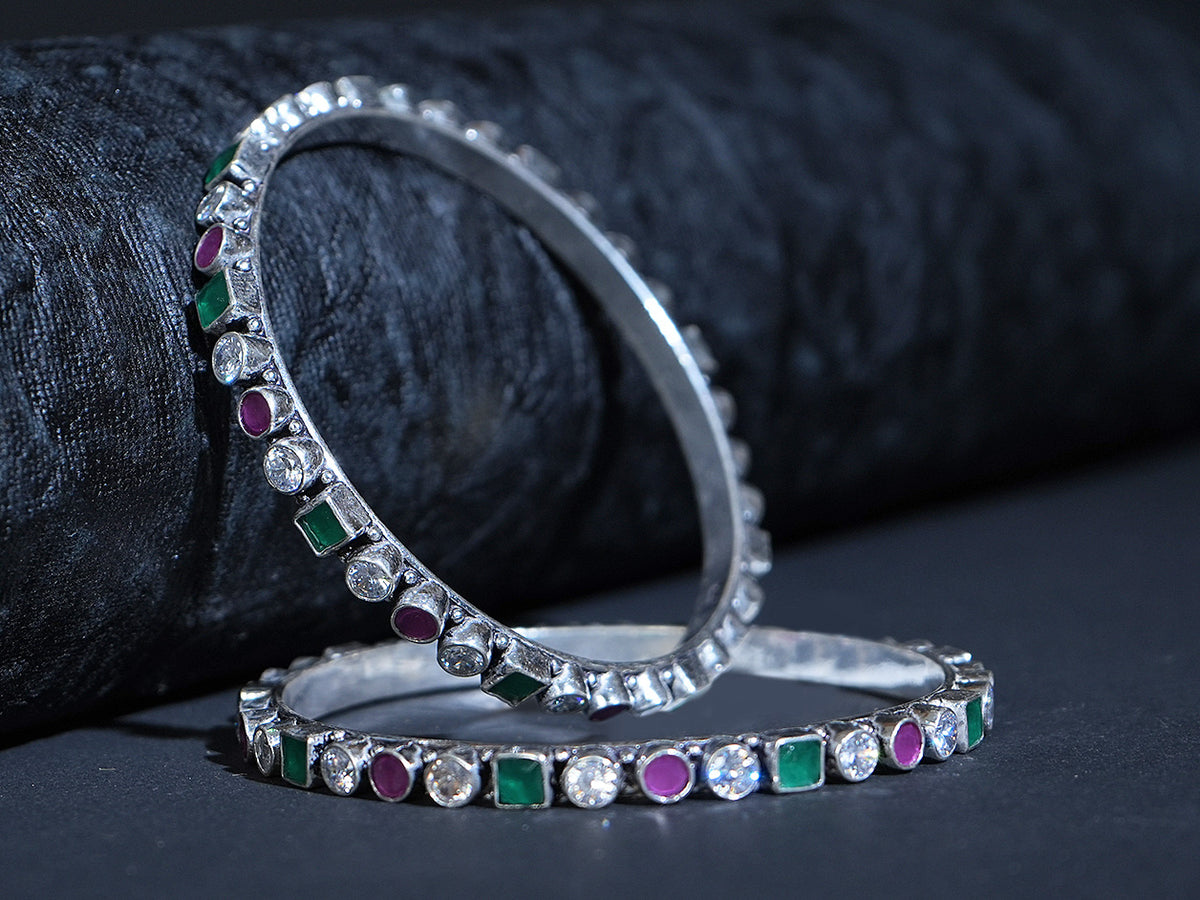 Pure Silver With Oxidized Finishing Multicolor Stone Bangles