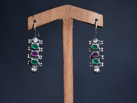 Pure Silver With Oxidized Finishing Multicolor Stone Hook Earrings