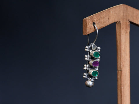 Pure Silver With Oxidized Finishing Multicolor Stone Hook Earrings