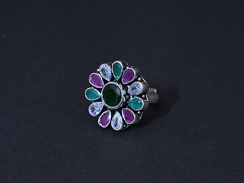 Pure Silver With Oxidized Finishing Multicolor Stone Ring