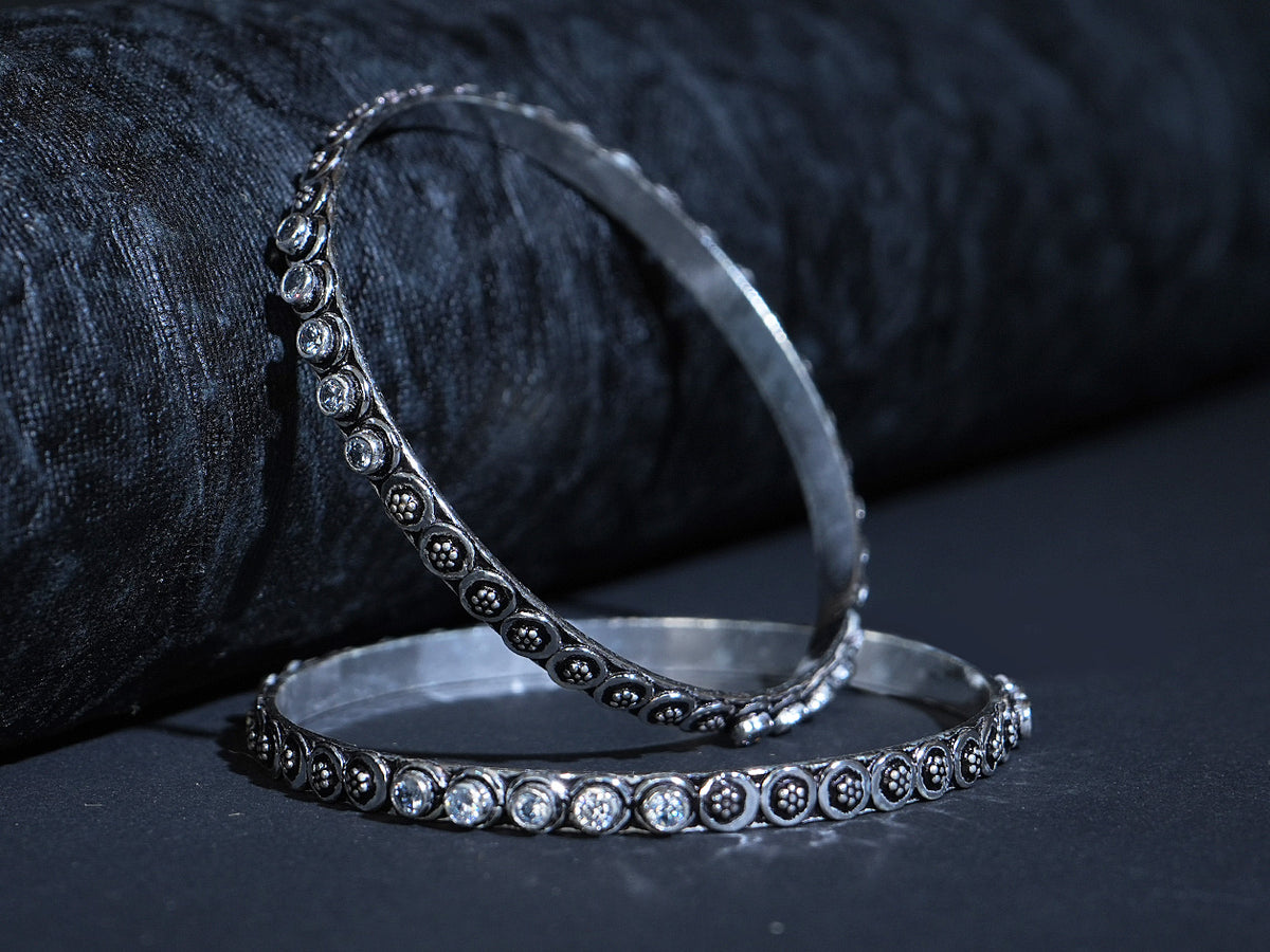 Pure Silver With Oxidized Finishing Rava Work Design Light Weight Bangles