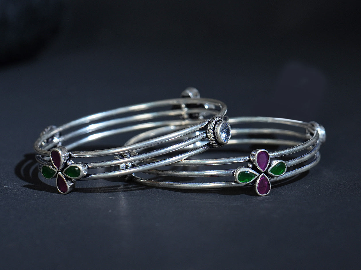 Pure Silver With Oxidized Finishing Red And Green Onyx Stone Bangles