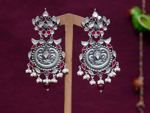 Pure Silver With Oxidized Finishing Red Kemp And Polki Stone Earrings