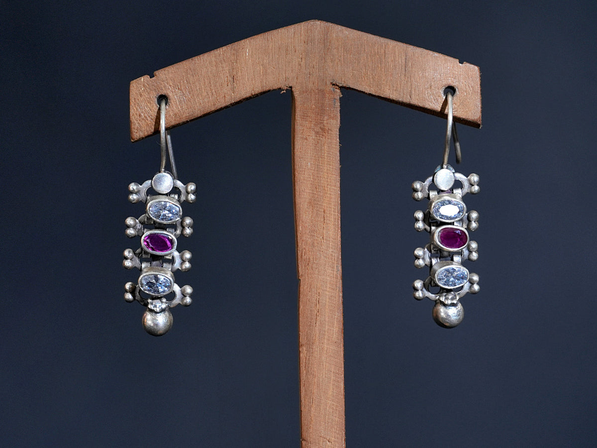 Pure Silver With Oxidized Finishing Red Kemp And White Topaz Stone Hook Earrings