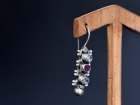 Pure Silver With Oxidized Finishing Red Kemp And White Topaz Stone Hook Earrings
