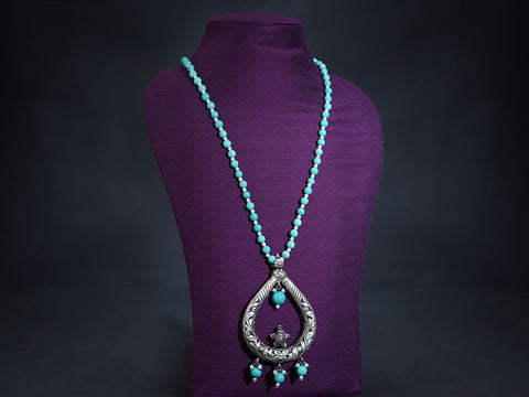 Pure Silver With Oxidized Finishing Turquoise Blue Beads Stone Haram