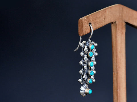 Pure Silver With Oxidized Finishing Turquoise Blue Stone Hook Earrings