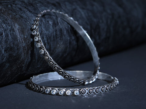Pure Silver With Oxidized Finishing White Topaz And Rawa Work Design Bangles