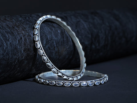 Pure Silver With Oxidized Finishing White Topaz Stone Light Weight Bangles