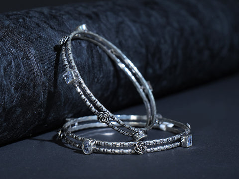 Pure Silver With Oxidized Finishing White Topaz Stone Light Weight Bangles