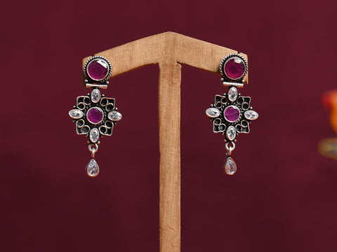 Purple Onyx And White Topaz Stone Pure Silver Oxidized Earrings