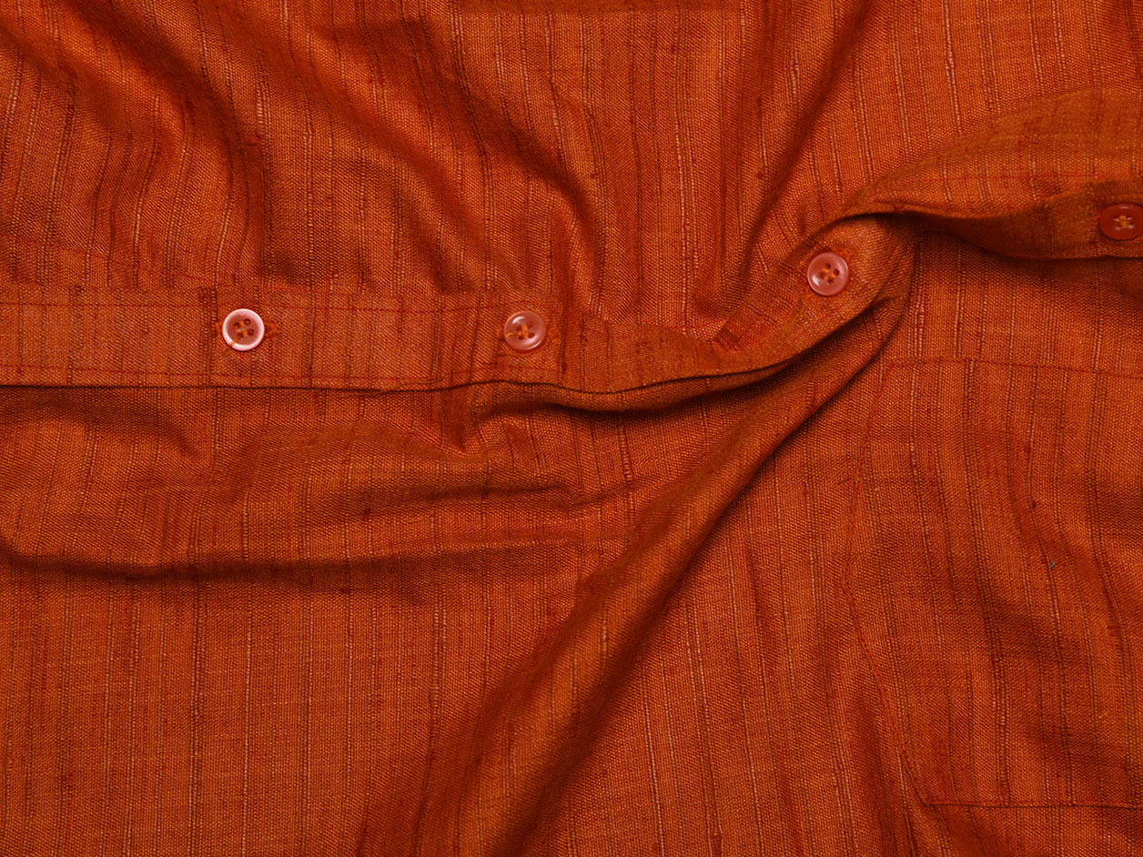 Regular Collar Ochre Orange Semi Raw Silk Shirt With Velcro Dhoti Set
