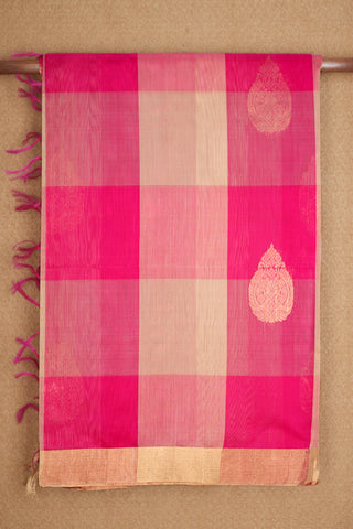 Rani Pink And Beige Checks Kora Silk Cotton Saree