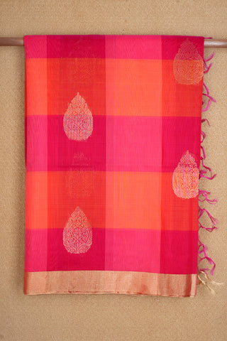 Rani Pink And Orange Checks Kora Silk Cotton Saree