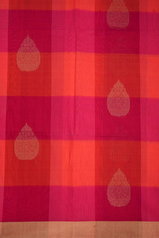 Rani Pink And Orange Checks Kora Silk Cotton Saree
