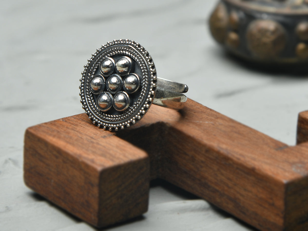 Rava Work And Silver Beads Adjustable Oxidised Pure Silver Ring