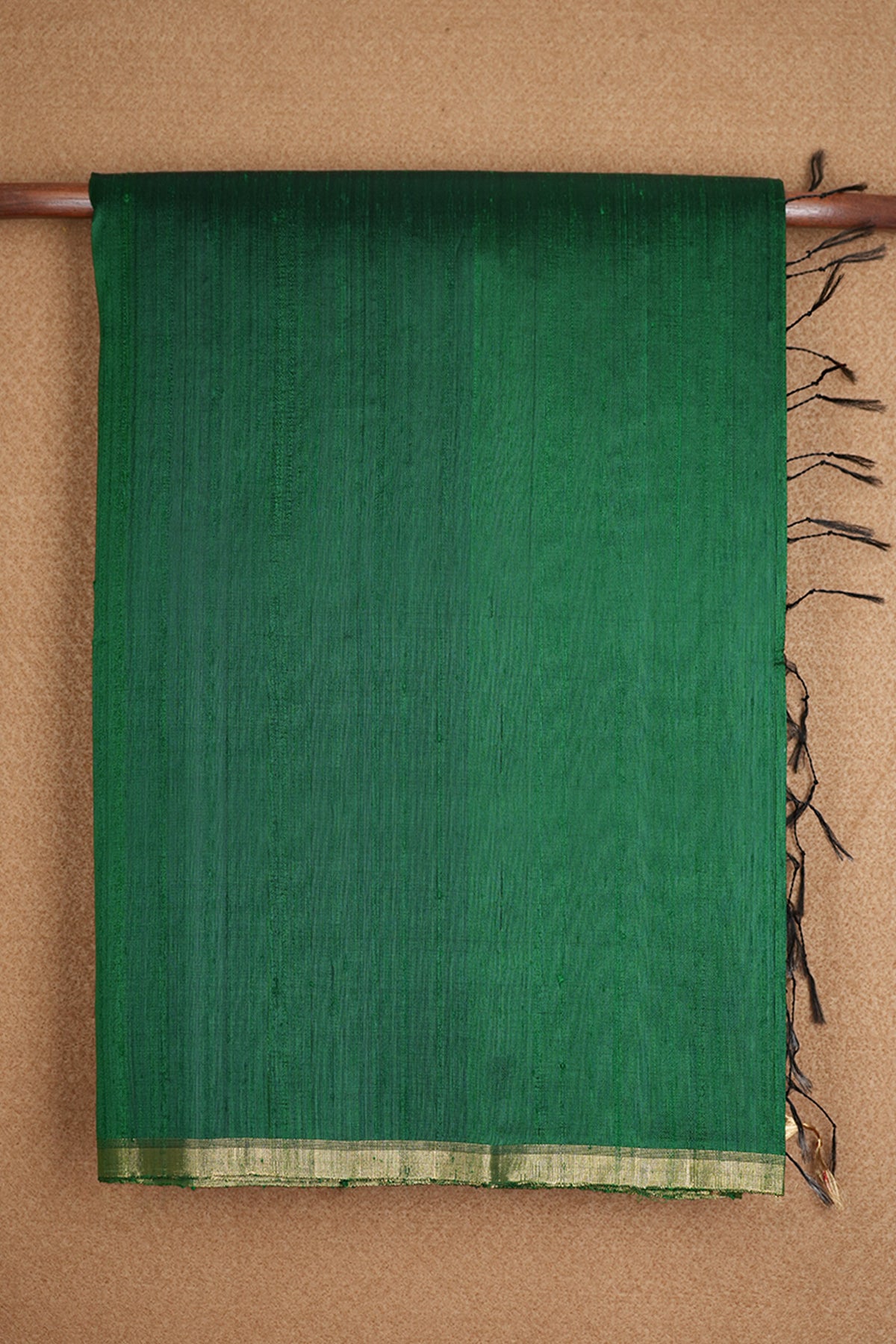 Bavanchi Gold Zari Border With Plain Emerald Green Raw Silk Saree