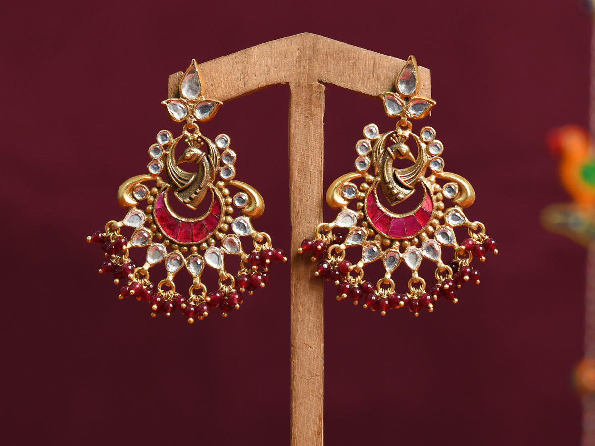 Red Kemp And Onyx Stone Matte Gold Finishing Pure Silver Earrings