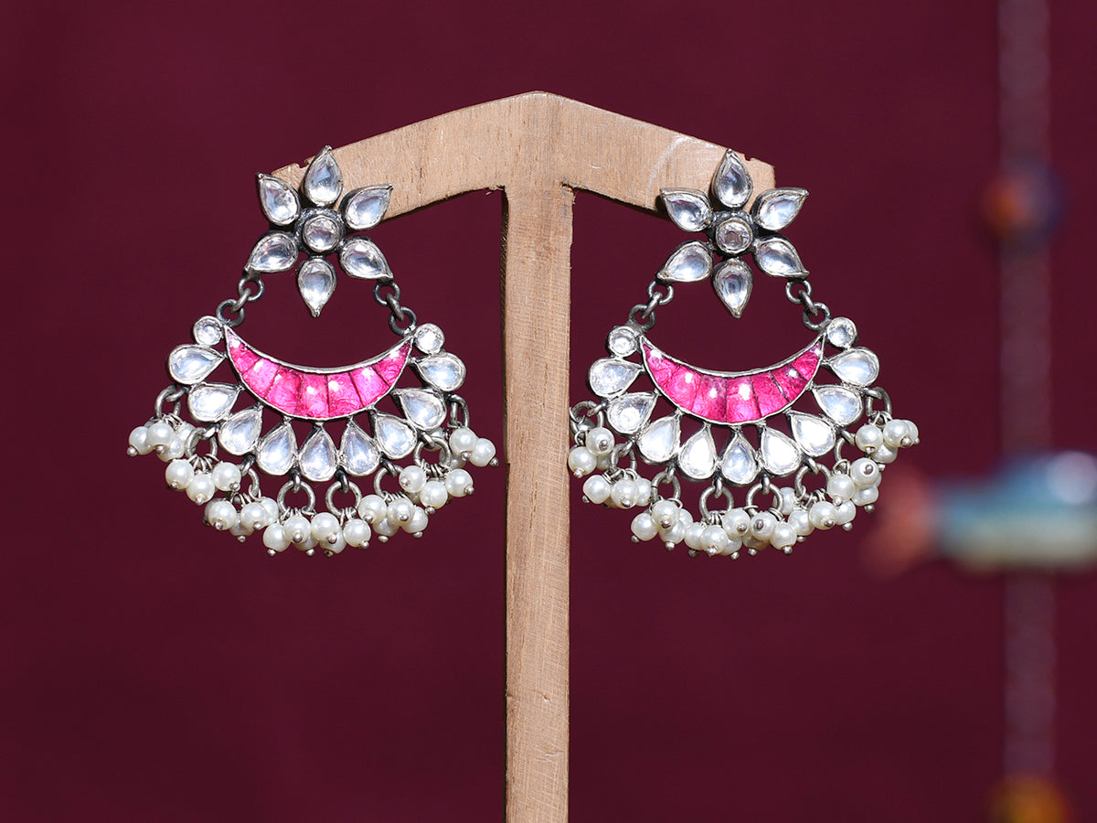 Red Kemp And Polki Stone With White Pearl Pure Silver Earrings