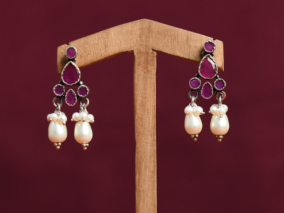 Red Onyx And White Pearl Pure Silver Oxidized Earrings