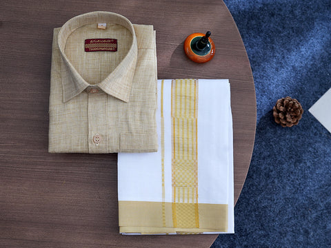 Regular Collar Pale Yellow Cotton Shirt With Velcro Dhoti Set