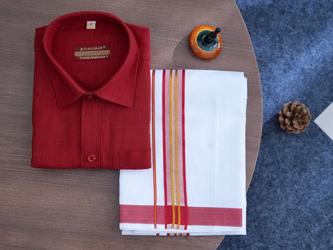 Regular Collar Cherry Red Cotton Shirt With Velcro Dhoti Set
