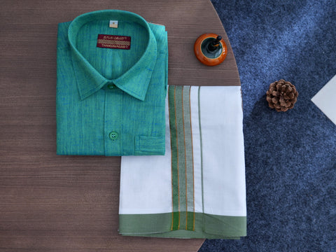 Regular Collar Peacock Green Cotton Shirt With Velcro Dhoti Set