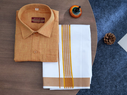 Regular Collar Marigold Orange Cotton Shirt With Velcro Dhoti Set