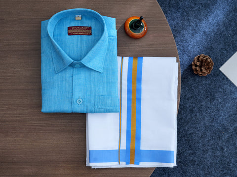 Regular Collar Sea Blue Cotton Shirt With Velcro Dhoti Set