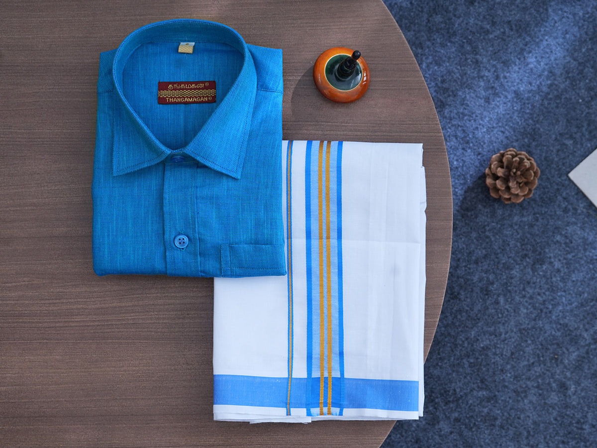 Regular Collar Cobalt Blue Cotton Shirt With Velcro Dhoti Set