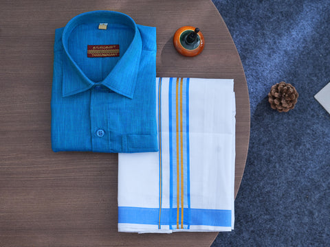 Regular Collar Cobalt Blue Cotton Shirt With Velcro Dhoti Set