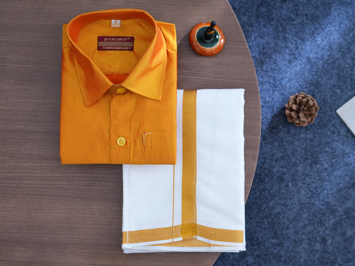 Regular Collar Golden Yellow Art Silk Shirt With Velcro Dhoti Set