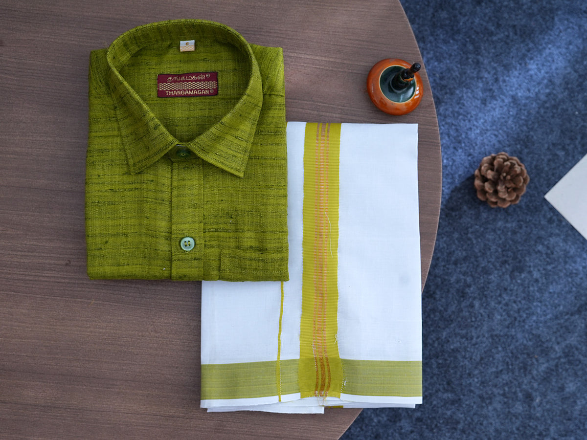Regular Collar Fern Green Cotton Shirt With Velcro Dhoti Set