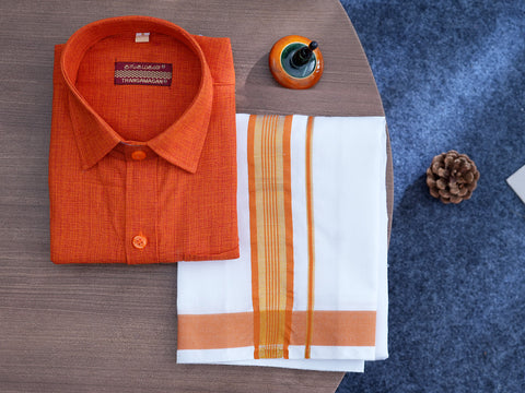 Regular Collar Spiced Orange Cotton Shirt With Velcro Dhoti Set