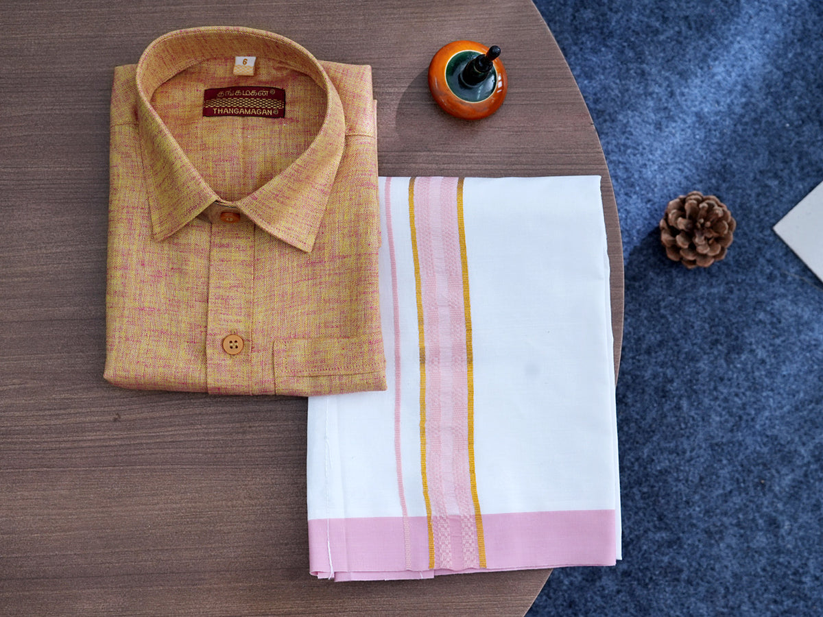 Regular Collar Melon Orange Cotton Shirt With Velcro Dhoti Set