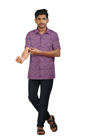 Regular Collar Allover Design Purple Printed Silk Shirt