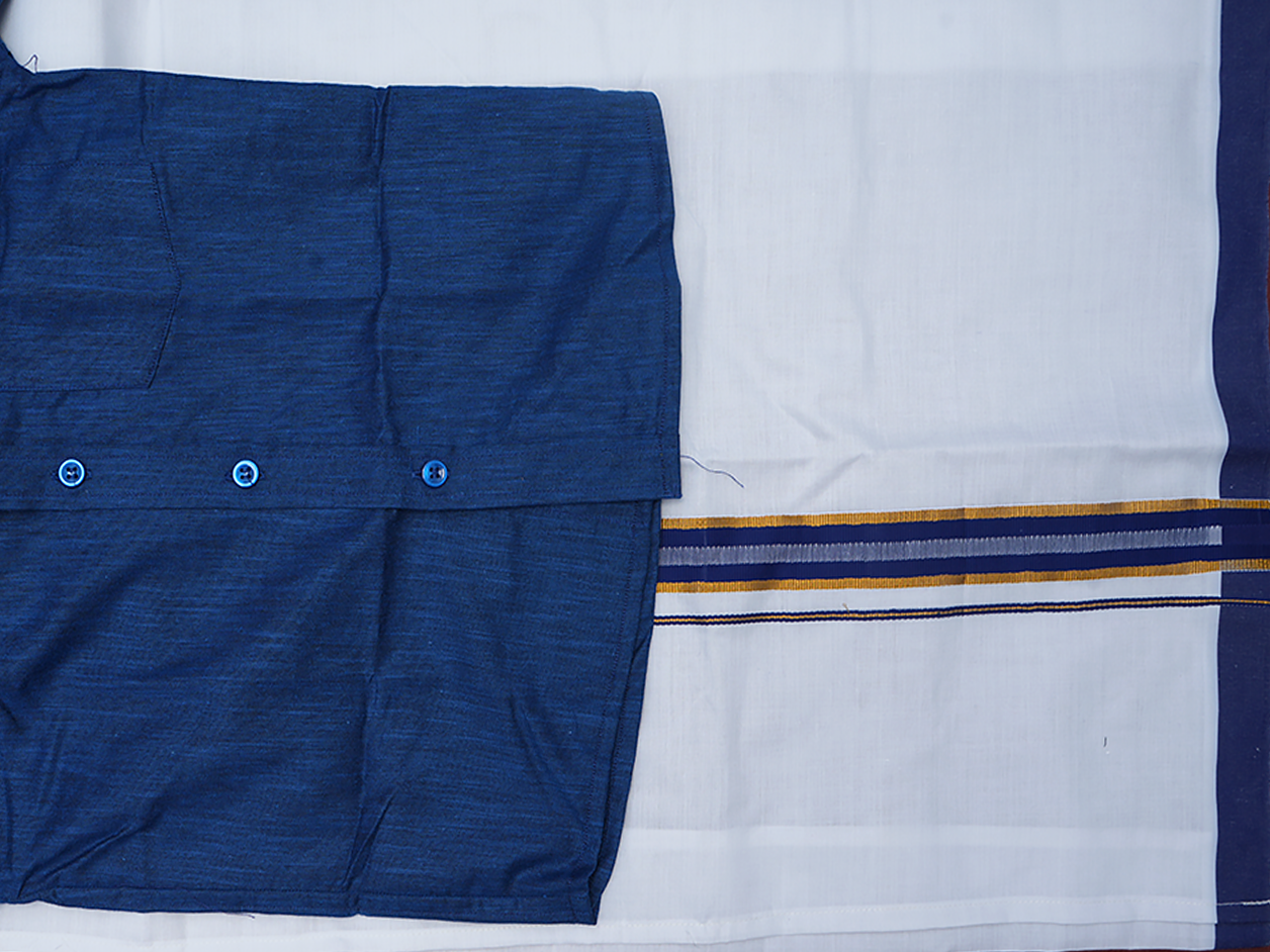 Regular Collar Berry Blue Cotton Shirt With Velcro Dhoti Set