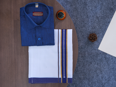 Regular Collar Berry Blue Cotton Shirt With Velcro Dhoti Set