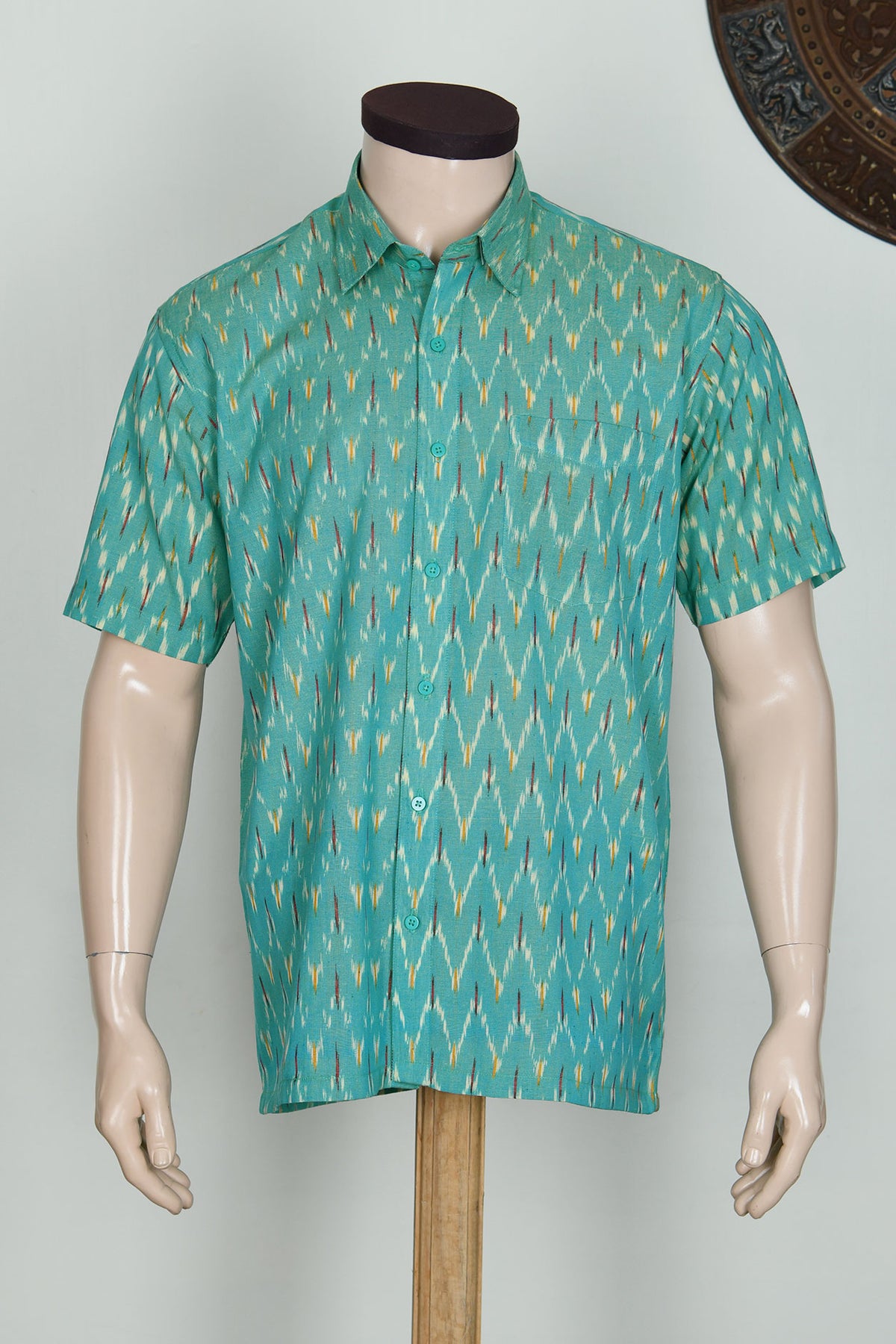 Regular Collar Chevron Design Sea Green Cotton Shirt