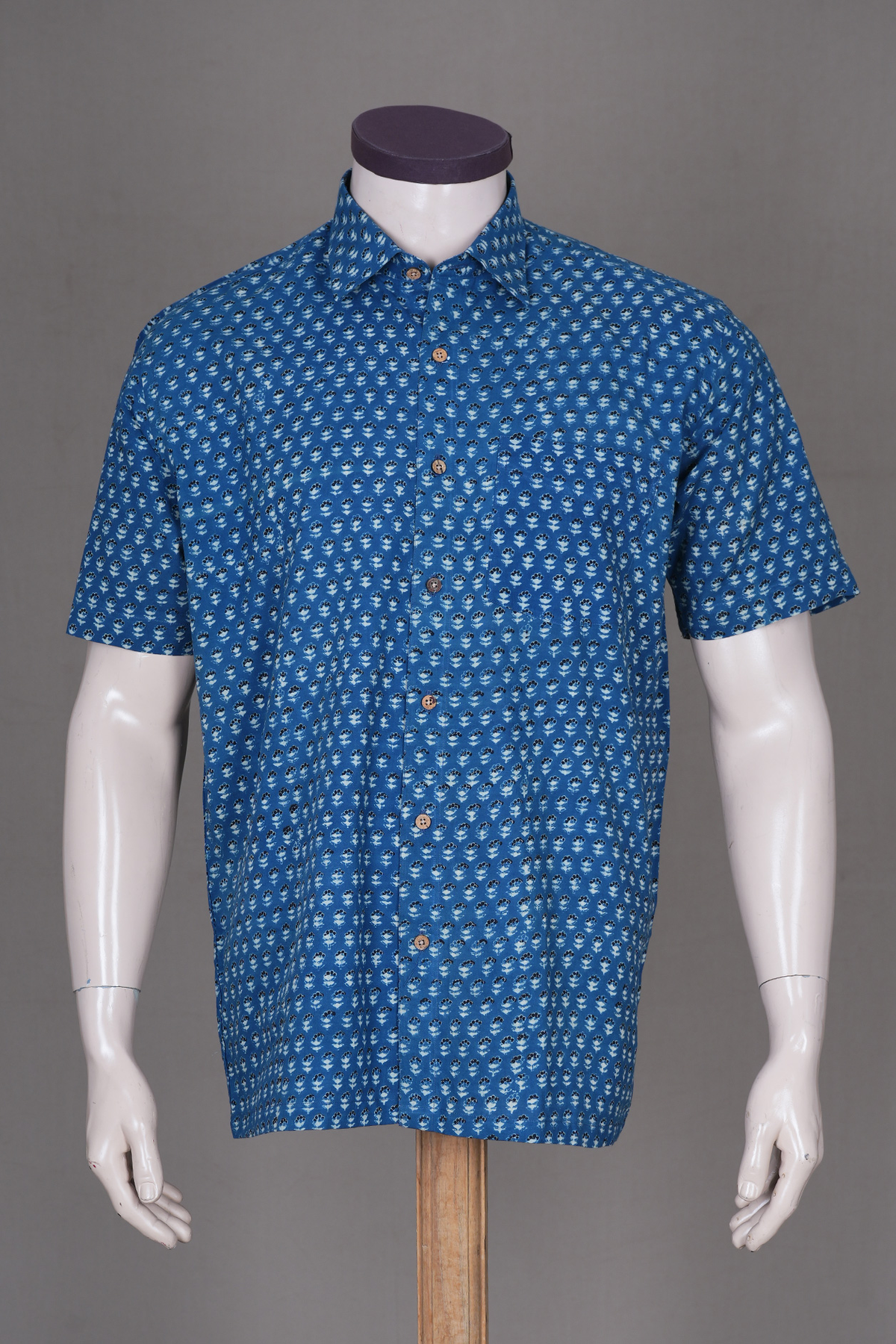 Regular Collar Ajrakh Printed Capri Blue Cotton Shirt