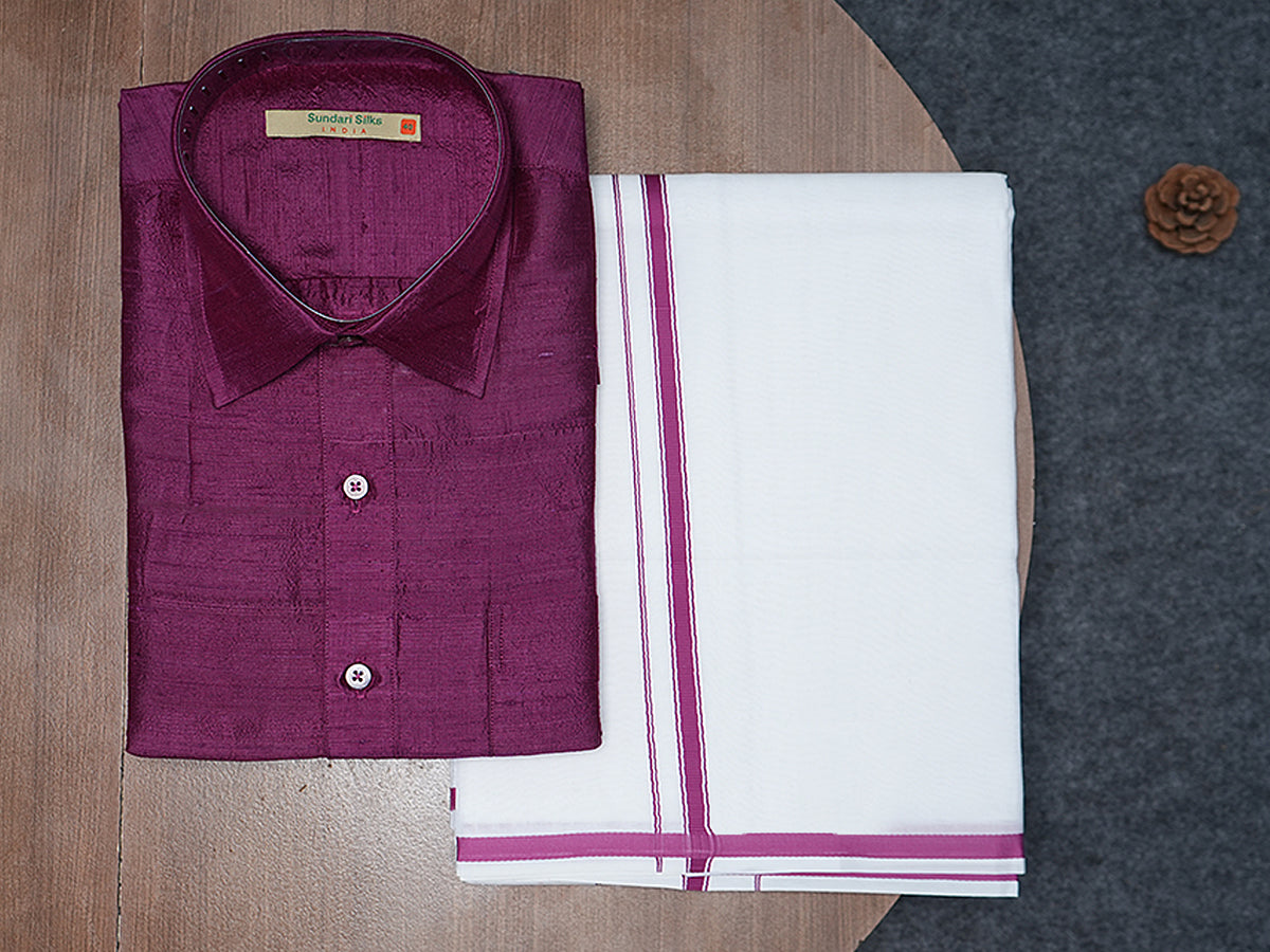 Regular Collar Grape Purple Raw Silk Shirt With Dhoti Set