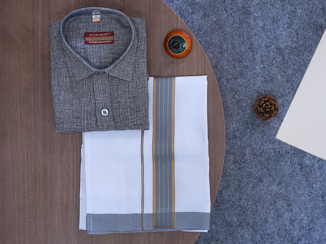Regular Collar Grey Cotton Shirt With Velcro Dhoti Set