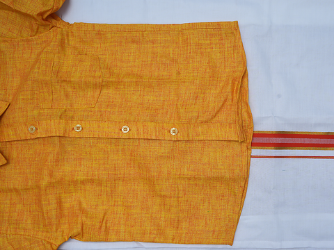 Regular Collar Honey Yellow Cotton Shirt With Velcro Dhoti Set