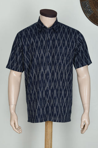Regular Collar Ikat Design Navy Blue Cotton Shirt