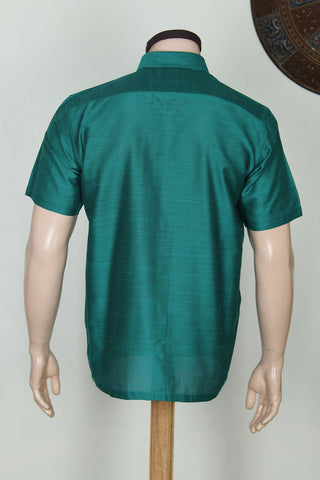 Regular Collar In Plain Pine Green Semi Raw Silk Shirt