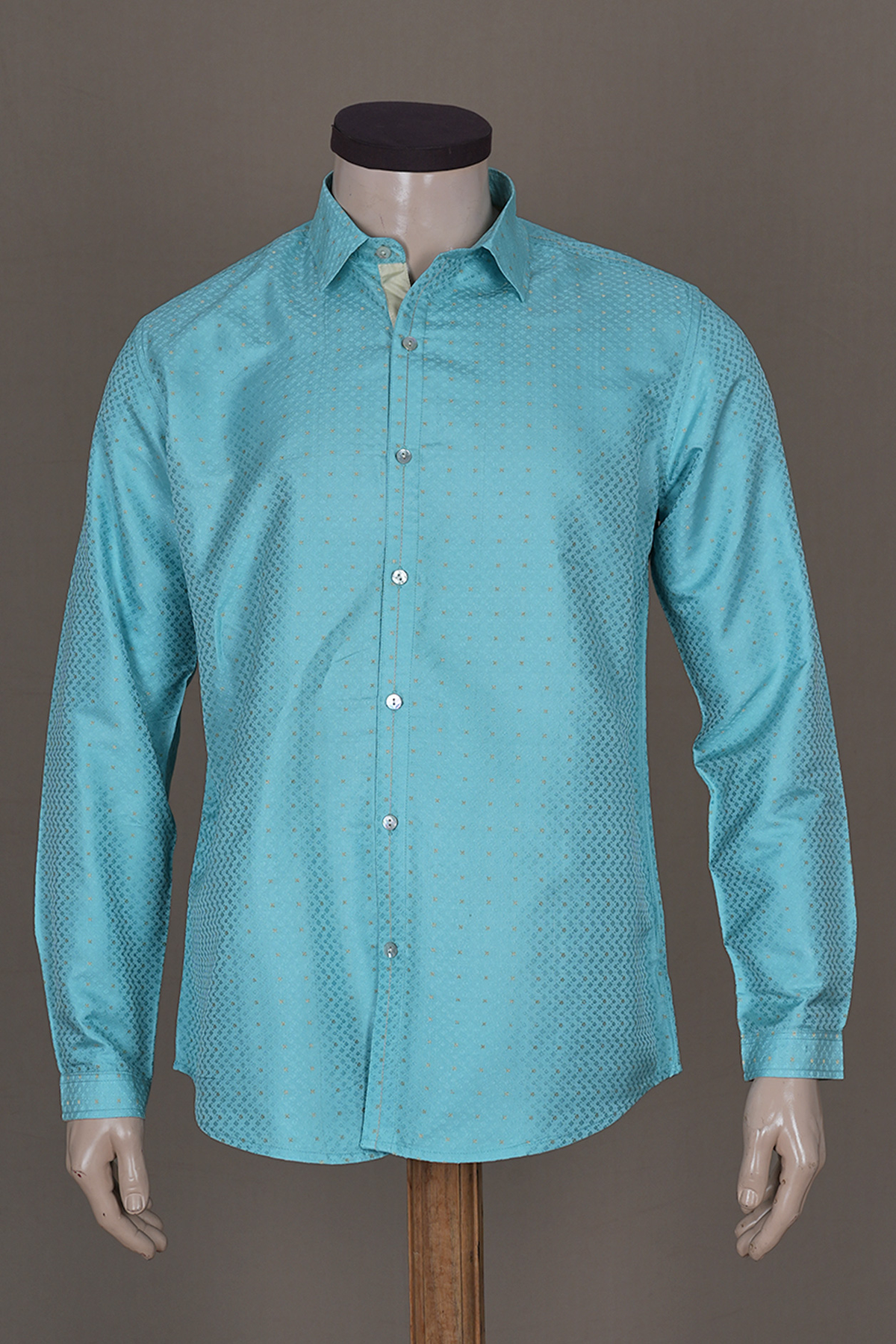 Regular Collar Jacquard Design Mint Blue Banaras Silk Shirt