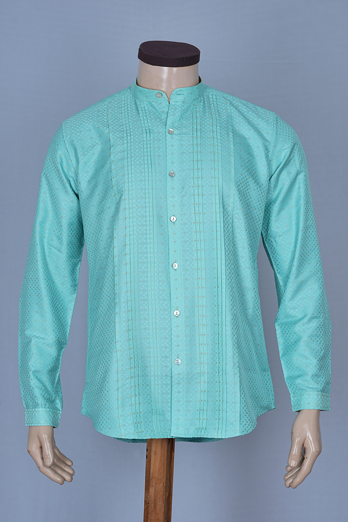 Chinese Collar Jacquard Mint Green Dobby Banaras Silk Shirt