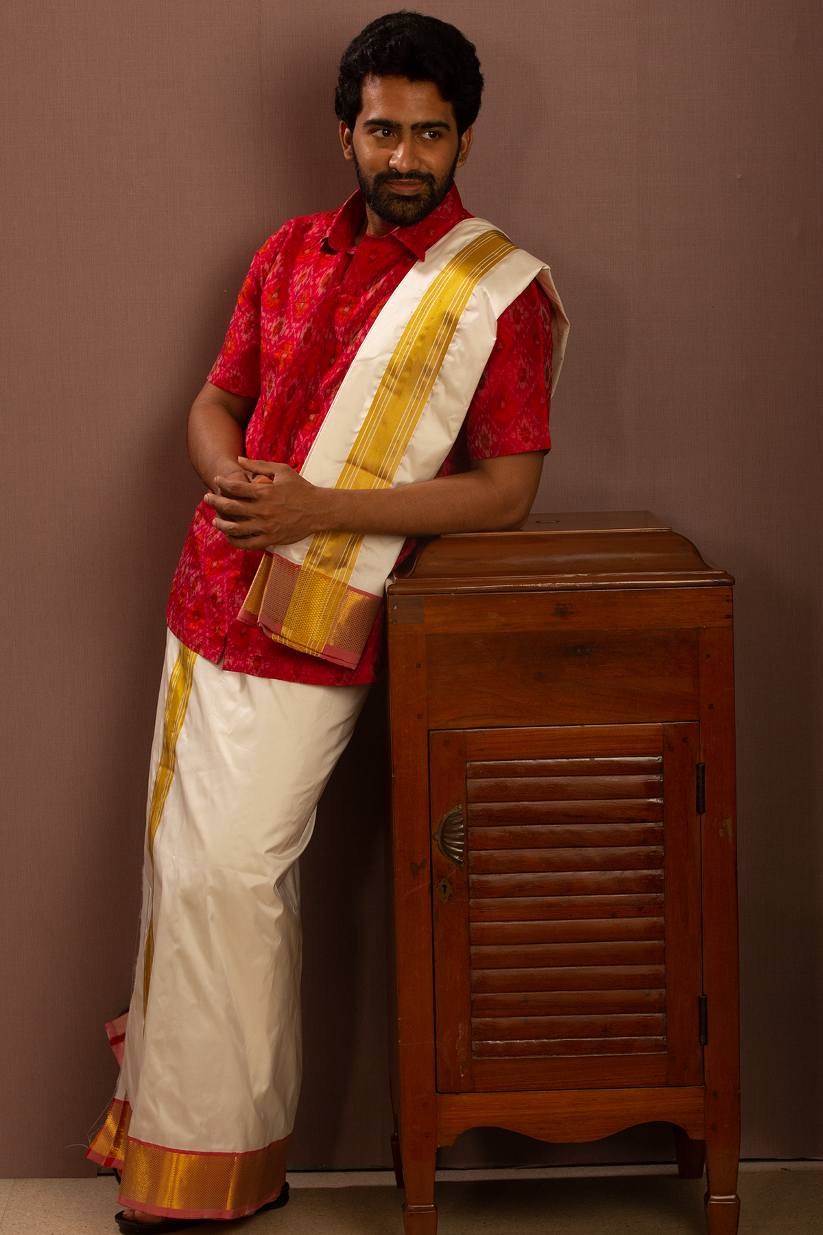 Regular Collar Magenta Pochampally Shirt With Dhoti Set