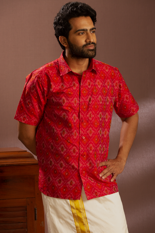 Regular Collar Magenta Pochampally Shirt With Dhoti Set
