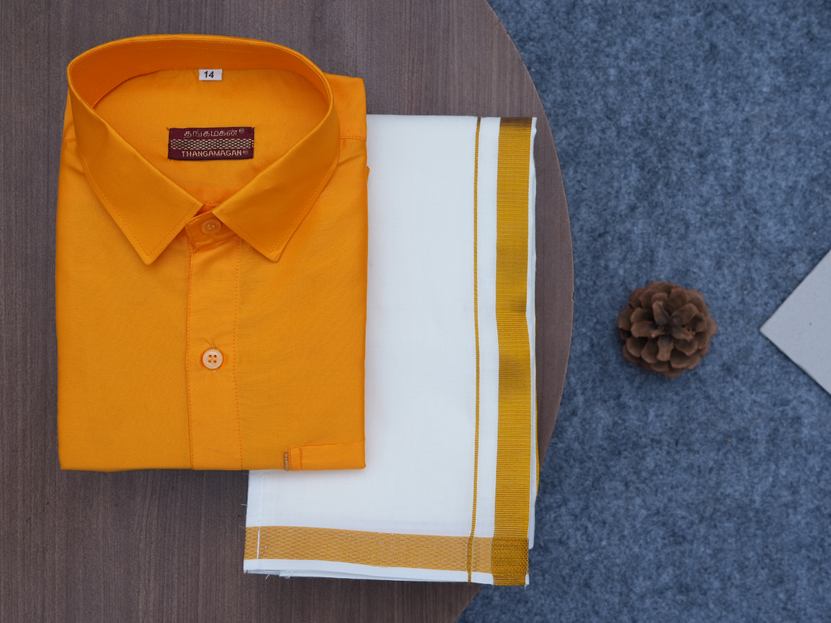 Regular Collar Mango Yellow Art Silk Shirt With Velcro Dhoti Set